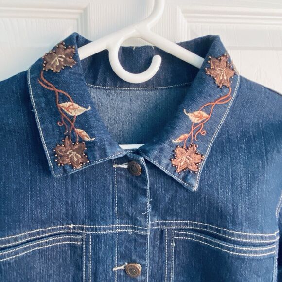Vintage Y2k Jean Jacket Blazer Embroidered Denim Size XL 12 Fall Floral Trucker - Picture 3 of 11